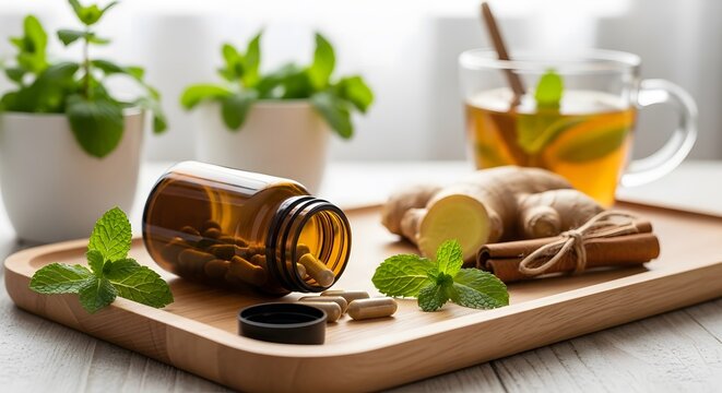 Natural remedies Close-up of amber glass bottle with capsules and fresh mint leaves next to ginger root and cinnamon stick on a wooden tray with a cup of herbal tea in the background
