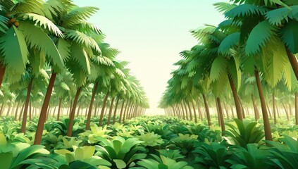 Lush tropical palm tree avenue. A stylized, digital illustration of a tropical forest, with rows of vibrant palm trees stretching into a light-filled vista. Dense foliage surrounds the path