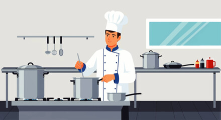 Professional chef in uniform cooking a meal in a modern commercial restaurant kitchen. Culinary arts and gastronomy concept illustration.