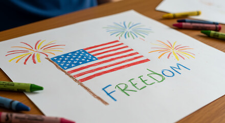 A close-up of a colorful crayon drawing showing a flag, fireworks, and the word “freedom” written by a child. Placed on a desk with crayons scattered. No people in frame.

