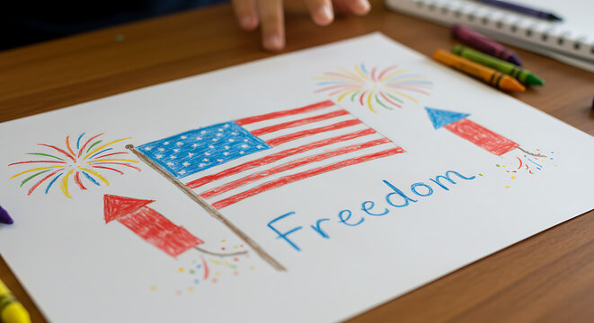 A close-up of a colorful crayon drawing showing a flag, fireworks, and the word “freedom” written by a child. Placed on a desk with crayons scattered. No people in frame.