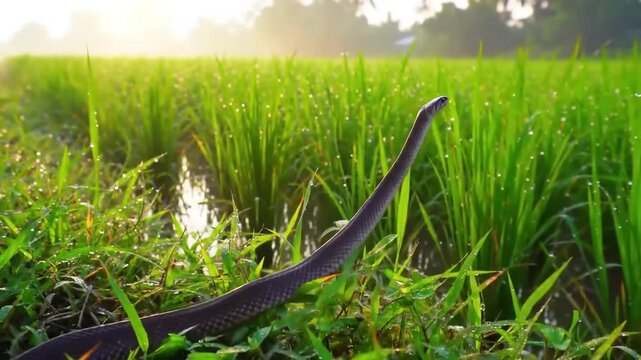 A snake in a dewy rice paddy at sunrise