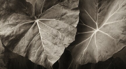 Close-up of large, textured leaves in sepia tones.  Detailed veins and patterns on the foliage are visible