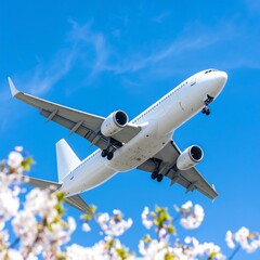 Naklejka premium White airplane soaring above cherry blossoms