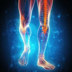 Illustration of male leg anatomy highlighting muscles, bones, and joints with glowing effects for educational purposes