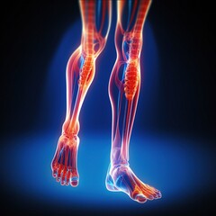 Three-dimensional graphic of a man's leg anatomy showcasing muscles and skeletal structure in detailed view