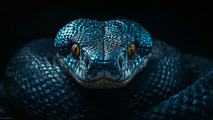 Fototapeta premium Close up of a coiled dark blue snake with bright orange eyes in dim lighting reptile