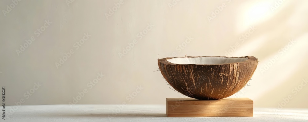 Poster a halved coconut displayed on a small wooden rectangular block