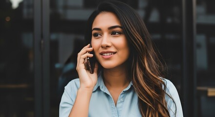 A happy young woman smiling while talking on her cell phone outdoors. Casual communication and modern lifestyle concept with a beautiful person making a call.