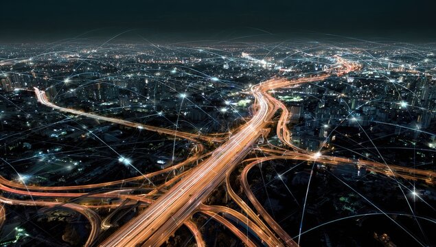 Night cityscape highway network overlaid with interconnected lines