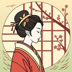 Traditional Asian Female in Elegant Silk Kimono Standing Isolated Vector Art