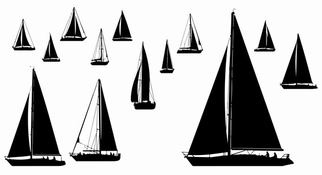 A collection of black sailboat silhouettes, featuring various yacht designs and sizes for regatta or leisure concepts.