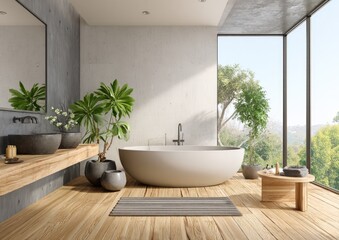 Modern, minimalist bathroom with a view.  Natural light floods a spacious, contemporary bathroom featuring a freestanding tub, wooden vanity, and large windows overlooking a lush landscape