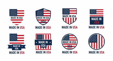 Collection of patriotic Made in USA labels and badges. Set of American flag emblems, stickers, and tags for product quality assurance.