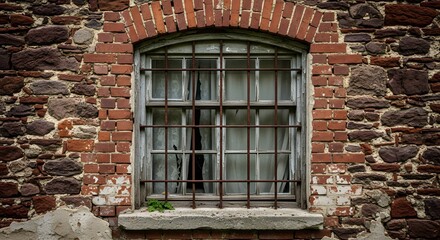 Old weathered window with rusty bars on a grunge brick and stone wall. Vintage, rustic, and abandoned building exterior. Architectural detail with a sense of history and decay.