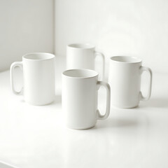 Obraz premium Four white ceramic mugs with handles arranged in a staggered pattern on a white surface coffee mug tea mug
