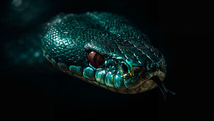 Obraz premium Close Up of a Teal Snake Head with Red Eye and Flicking Tongue serpent reptile