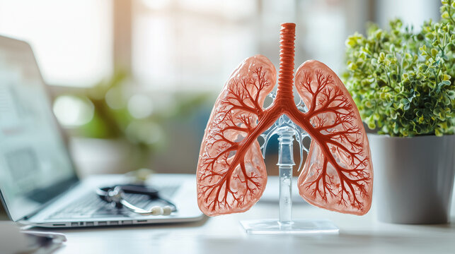 Anatomical model of lungs with soft focus on doctor's table, copy space.World Lung Cancer Day.