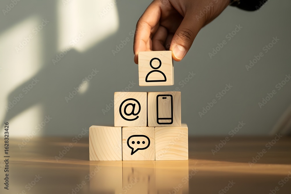 Poster hand stacking wooden blocks with communication and contact icons representing building relationships