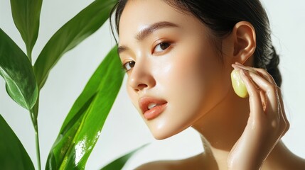 Close-up portrait of a woman with glowing skin and natural beauty.