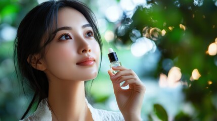 A young woman delicately holds a serum bottle.