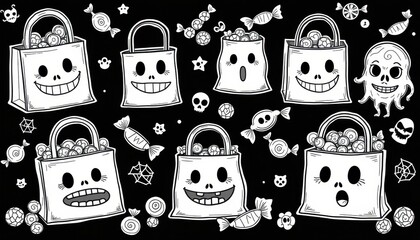 trick or treat bags filled with candy, with faces on both bags and treats. each doodle drawn in thick black lines, cute hand drawn line art suitable for coloring.