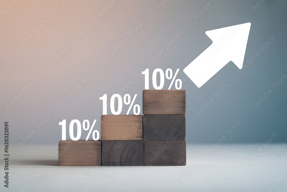 Poster conceptual image depicting a financial growth chart with stacked wooden blocks showing ten percent i
