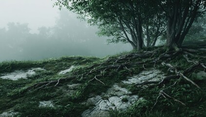 Misty forest hillside with exposed roots. Lush green vegetation and a large tree's extensive root system cover a sloping rocky outcrop, shrouded in a light fog