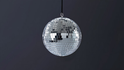 Fototapeta premium Sparkling Disco Ball Hanging Isolated on Dark Gray Background for Party and Entertainment Celebrations Dance Floor Theme