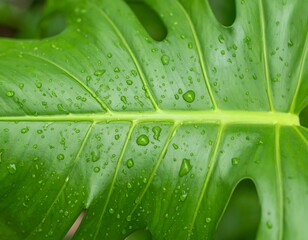 Close-up of vibrant Monstera leaf glistening with fresh raindrops, perfect for botanical designs