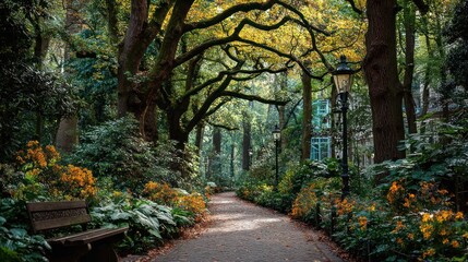 Fototapeta premium Autumnal park path lined with trees and vibrant fall foliage