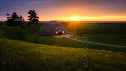 Unique Dome Shaped Building at Sunset in Rural Landscape with Dramatic Sky and Golden Light Scenery