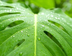 Tropical vibes with this vibrant Monstera leaf glistening with fresh raindrops, perfect for nature lovers