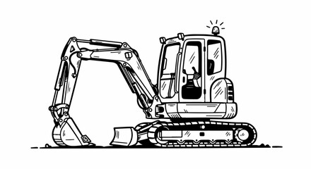 Naklejka premium Hand-drawn mini excavator illustration in a bold black and white line art style, featuring a flashing beacon light and articulated arm.