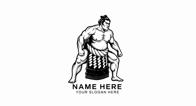 Monochrome illustration of a powerful sumo wrestler in a traditional fighting stance with a chonmage hairstyle.