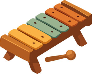 This is a colorful illustration of a wooden xylophone with multicolored keys and a single mallet placed beside it.