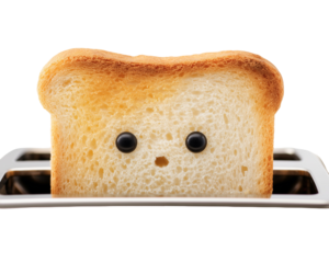 Toast in a toaster with eyes
