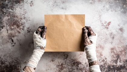 Dirty bandaged hands holding empty brown paper, creepy and eerie mood. Spooky Halloween scene