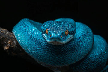 Fototapeta premium Close Up of Blue Pit Viper with Orange Eyes on a Dark Branch blue viper snake