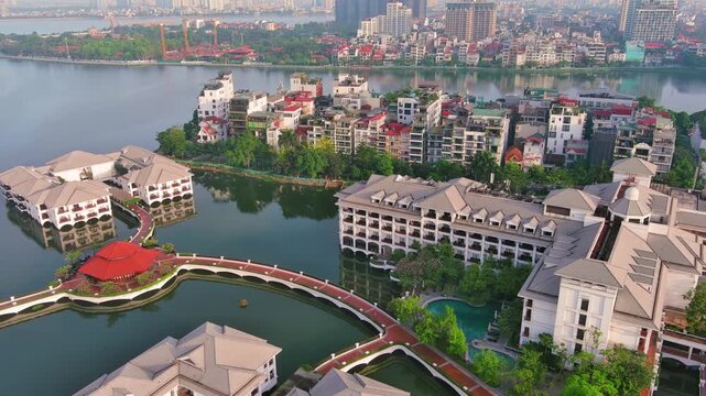 Vietnam, Hanoi: Aerial view of capital city of Vietnam, West Lake (Hồ T&acirc;y) and city skyline - landscape panorama of Southeast Asia from above
