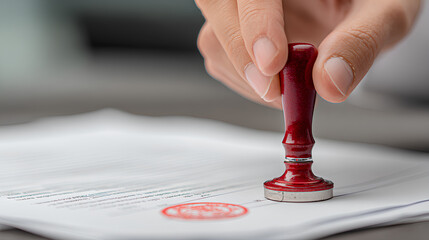 Close-up of hand using a red stamp on a legal document, indicating confirmation or validation in administrative work.