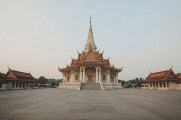 Fototapeta premium Cambodian temple dawn, serene courtyard, peaceful sunrise, travel brochure