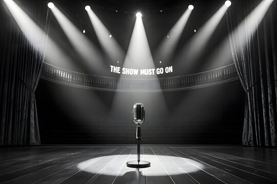 A black and white view of a vintage microphone standing alone on an empty theater stage under dramatic spotlights.