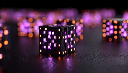 Dark, reflective surface, glowing cubes.  Clusters of illuminated, box-like objects.  Purple and orange lights.  Geometric design.  Modern, futuristic aesthetic