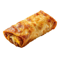 Crispy, golden-brown, wrapped food item, likely a quesadilla or burrito.  Melted cheese and savory filling visible inside.  Isolated, studio shot