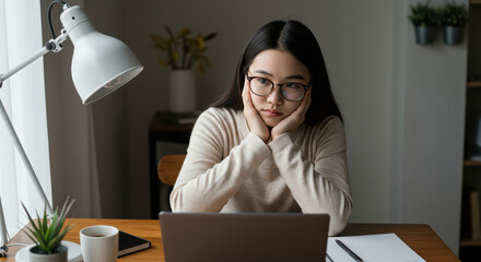 A Korean female student sitting at her desk, resting her chin on her hand, lost in thought.