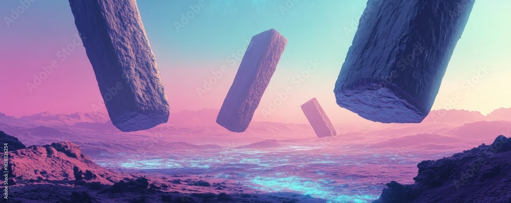 Poster floating rectangular blocks in a vibrant otherworldly landscape.