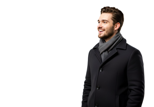 A smiling young man in winter coat and scarf on transparent background.