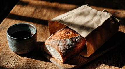 Fresh bread in paper bag beside dark coffee
