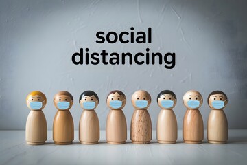 Wooden peg dolls wearing face masks stand in a line maintaining social distancing to prevent the spread of illness and protect public health